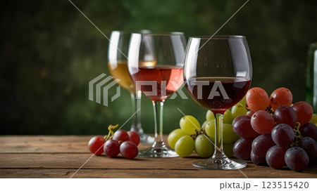 Elegant glasses with drinks and grapes against a green background 123515420