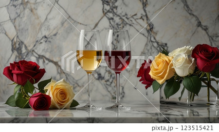 Elegant glasses with red and white drinks reflecting roses 123515421