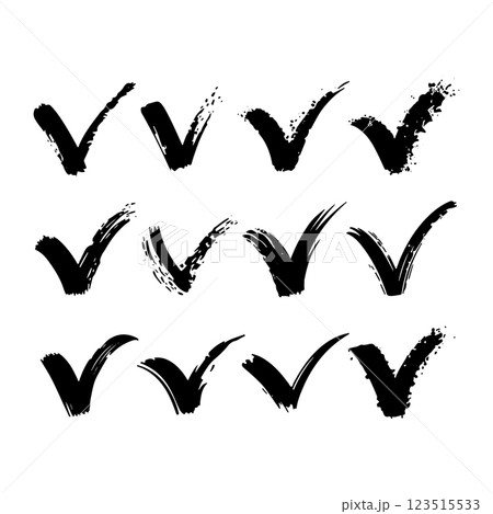 A collection of distressed check marks with uneven brush textures. Ideal for bold, artistic compositions, digital projects, and creative branding. 123515533