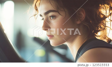 フィットネスに集中する若い女性 フィットネスに集中する若い女性 123515553