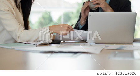 Business professionals collaborating in a modern office, analyzing financial reports and discussing strategies. Business professionals collaborating in a modern office, analyzing financial reports and discussing strategies. 123515626