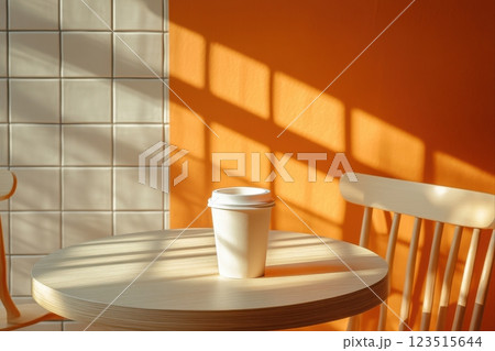 Enjoying a serene morning coffee urban setting still life cozy ambience warm lighting 123515644