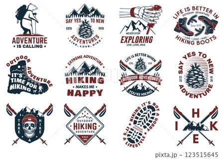 Set of hiking outdoor adventure emblems, logos, badges. Hiking related typographic quote. Design with human skeleton hand holding hiker pole, hiking boot, pine cone, mountains. 123515645