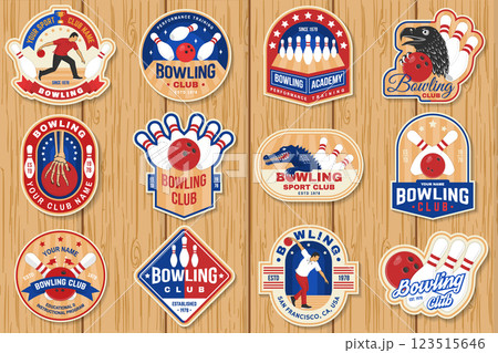Bowling sports club stickers, logos, badges design. Vintage design with bowling pins, crocodile and ball silhouette. Vector. 123515646