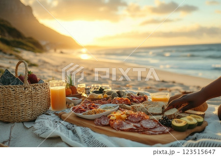 Beach picnic at sunset delicious food spread ocean view relaxing environment 123515647