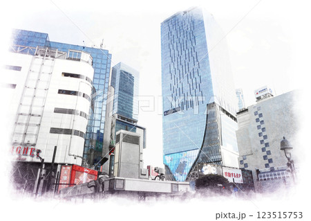 水彩画風　渋谷　スクランブル交差点周辺 123515753