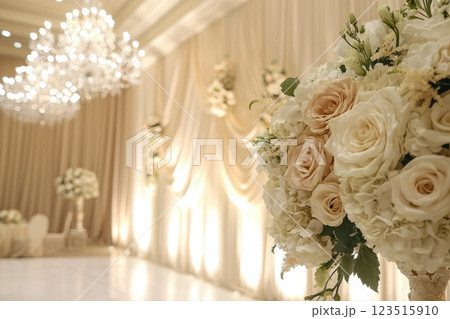 Romantic wedding decor close-up floral arrangements with roses in grand hall 123515910