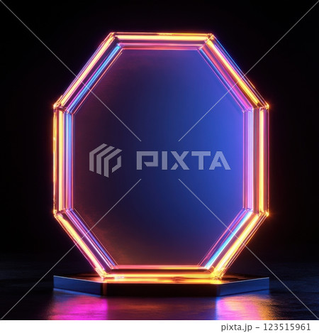 Vibrant neon octagon display studio digital art dark environment artistic perspective modern concept 123515961