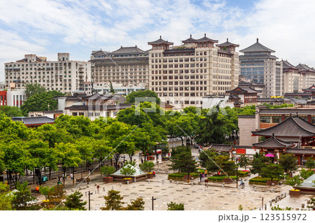 Central city square with green park and modern residentials buildings with traditional roofs, Xian, Shaanxi province, China 123515972