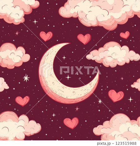 Starry night sky illustration a playful digital art experience with moon and hearts 123515988