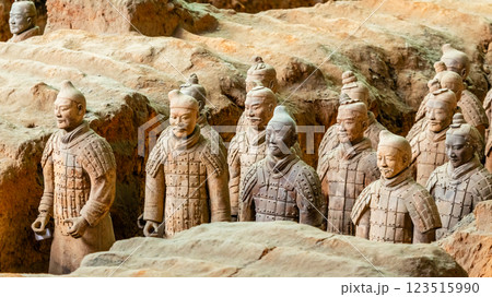 Excavated sculptures statues of the terracota army warriors of Qin Shi Huang emperor, Xian, Shaanxi, China Excavated sculptures statues of the terracota army warriors of Qin Shi Huang emperor, Xian, Shaanxi, China 123515990