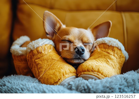 Cute dog resting between cozy slippers on a couch 123516257
