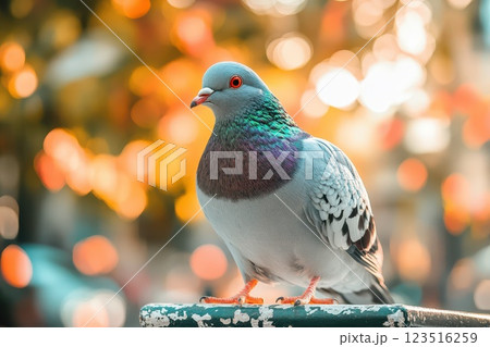 Colorful pigeon perched in a vibrant garden 123516259