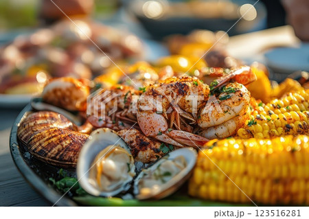 Beachside seafood platter with corn 123516281