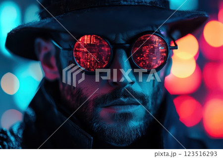 Mystery figure in glasses neon glow 123516293