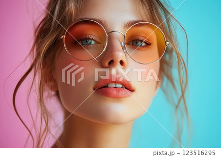Young woman in stylish shades colorful backdrop 123516295
