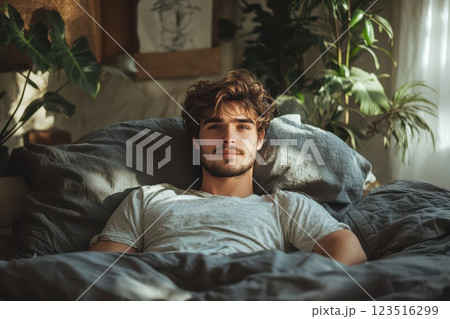 Relaxed young man enjoying morning in cozy bed 123516299