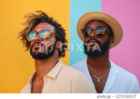 Two men pose against bright colorful wall backdrop 123516317