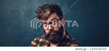 Bearded man with glasses in dark setting 123516318