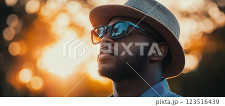 Man enjoying sunset with sunglasses and hat Man enjoying sunset with sunglasses and hat 123516439