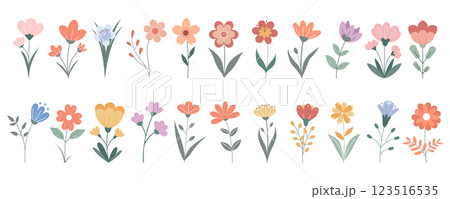 Set of cute hand drawn wildflowers. Beautiful floral set. Flat illustration Set of cute hand drawn wildflowers. Beautiful floral set. Flat illustration 123516535