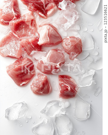 Fresh raw meat and ice on white background for culinary and cooking ingredients Fresh raw meat and ice on white background for culinary and cooking ingredients 123516621