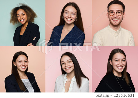 Portrait of a smiling group with diverse fashion and hairstyles in a studio setting Portrait of a smiling group with diverse fashion and hairstyles in a studio setting 123516631