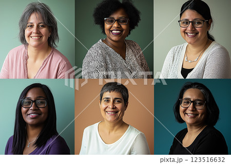 Smiling portrait of diverse women with glasses in a happy, joyful group studio setting 123516632