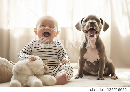Adorable puppy and baby sharing a happy, joyful moment indoors with laughter and smiles 123516633