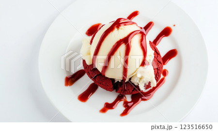 Dessert ice cream with syrup sweet red velvet gourmet plate on white background Dessert ice cream with syrup sweet red velvet gourmet plate on white background 123516650