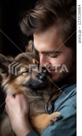 Shepherd Dog as a Pet and Companion Showcasing Friendship and Fur in a Cozy Love Scene 123516664