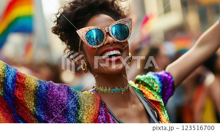 Joyful woman at festival parade with rainbow pride outfit and sunglasses, celebrating vibrant energy 123516700