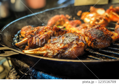 Delicious grilled meat sizzling on a barbecue with charcoal - perfect for outdoor cooking enthusiasts. 123516709