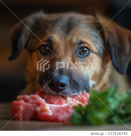 Dog enjoying fresh meat with cute brown eyes and delicious food on the background 123516745