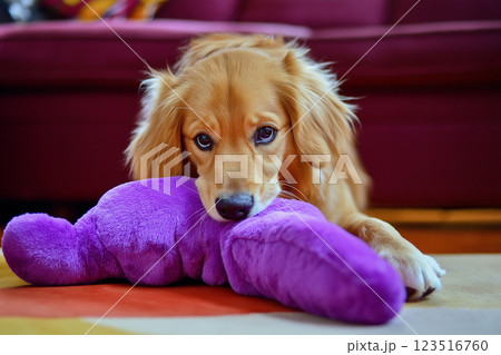 Adorable puppy with a toy: a cute, playful pet resting with fluffy, cuddly innocence Adorable puppy with a toy: a cute, playful pet resting with fluffy, cuddly innocence 123516760