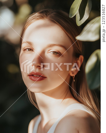 Portrait of a woman showcasing beauty in natural light with soft, green outdoor fashion mood 123516827