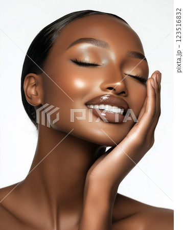 Beauty and elegance captured in a smile, showcasing a model's radiant face and smooth skin. Beauty and elegance captured in a smile, showcasing a model's radiant face and smooth skin. 123516832