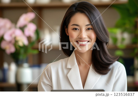 Smiling woman portrait, a happy and professional look surrounded by flowers and elegance. Smiling woman portrait, a happy and professional look surrounded by flowers and elegance. 123516837