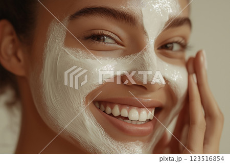 Skincare and beauty with a smiling woman applying cream to her face, showcasing healthy glow 123516854