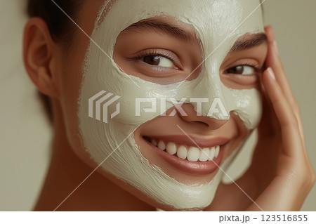 Skincare and beauty routine with a smiling woman enjoying a face mask for relaxation and wellness Skincare and beauty routine with a smiling woman enjoying a face mask for relaxation and wellness 123516855