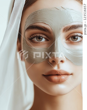 Skincare beauty with facemask for spa and relaxation featuring a serene woman using cosmetics 123516857