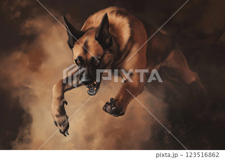 A Malinois dog jumping in attack with alert and active stance, fierce and dynamic pose A Malinois dog jumping in attack with alert and active stance, fierce and dynamic pose 123516862