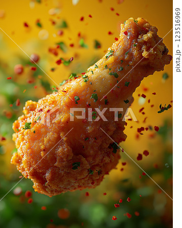 Delicious crispy fried chicken drumstick with garnishes and spices for a savory meal 123516969