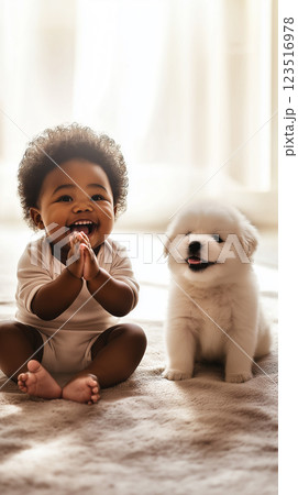 Adorable puppy and smiling baby creating a joyful moment of friendship and happiness Adorable puppy and smiling baby creating a joyful moment of friendship and happiness 123516978