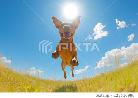 Joyful dog jumping in a sunny field with sky, grass, and an energetic, happy atmosphere Joyful dog jumping in a sunny field with sky, grass, and an energetic, happy atmosphere 123516996