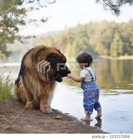 Leonberger dog and child enjoying nature at the outdoor lake, showcasing friendship and adventure 123517008