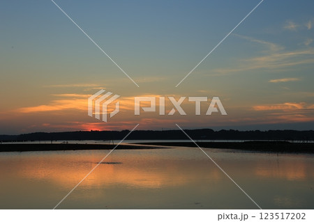 水面に映る朝焼け 123517202