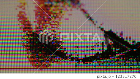 Cracked screen. Damaged TV. Black spot glitch blur spreads across fractured monitor. Distressed glass surface of smartphone computer tablet. 123517270