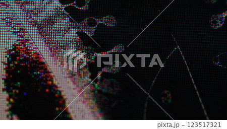 VHS noise. Broken screen. Wavy spreading black liquid on damaged surface plasma TV. Grunge glitch glow of colored pixels blur effect. VHS noise. Broken screen. Wavy spreading black liquid on damaged surface plasma TV. Grunge glitch glow of colored pixels blur effect. 123517321