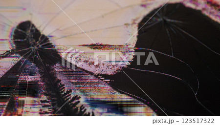 Display scratch. Monitor problem. Broken glass texture overlay with glitch crack screen surface. Failure of analog technology channel color defocused image. 123517322